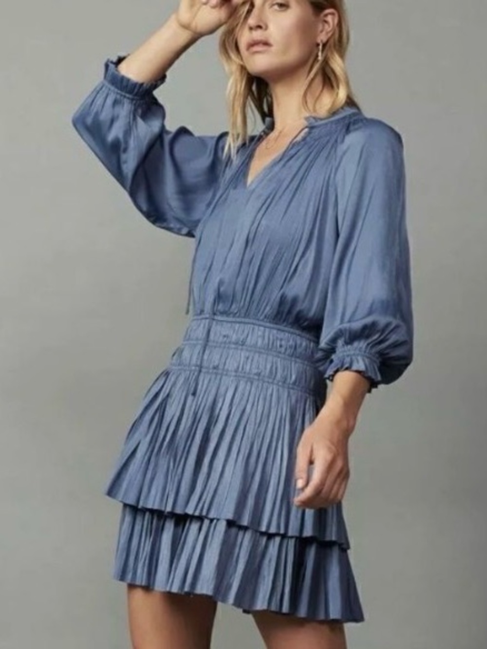 Current Air Dusty Blue Tiered Pleated Mini Dress